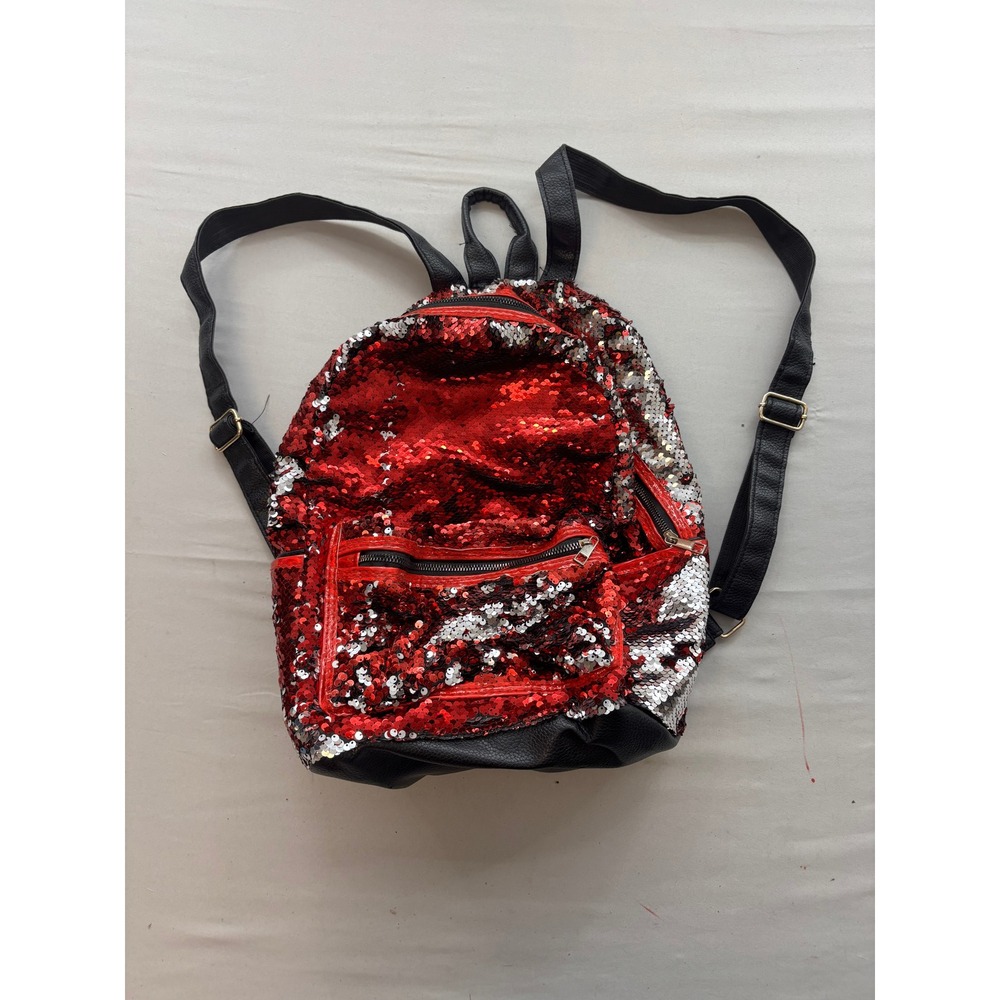 Red Silver Reversible Sequin Mini Backpack Black Faux Leather Straps Sparkly Bag